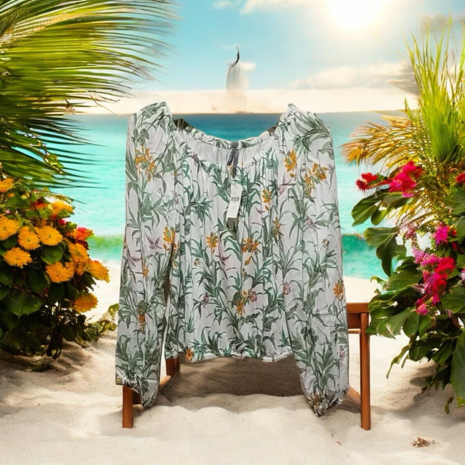 Anthropologie Top Women's Size Medium White Floral Jersey Knit Long Sleeve Nwt
